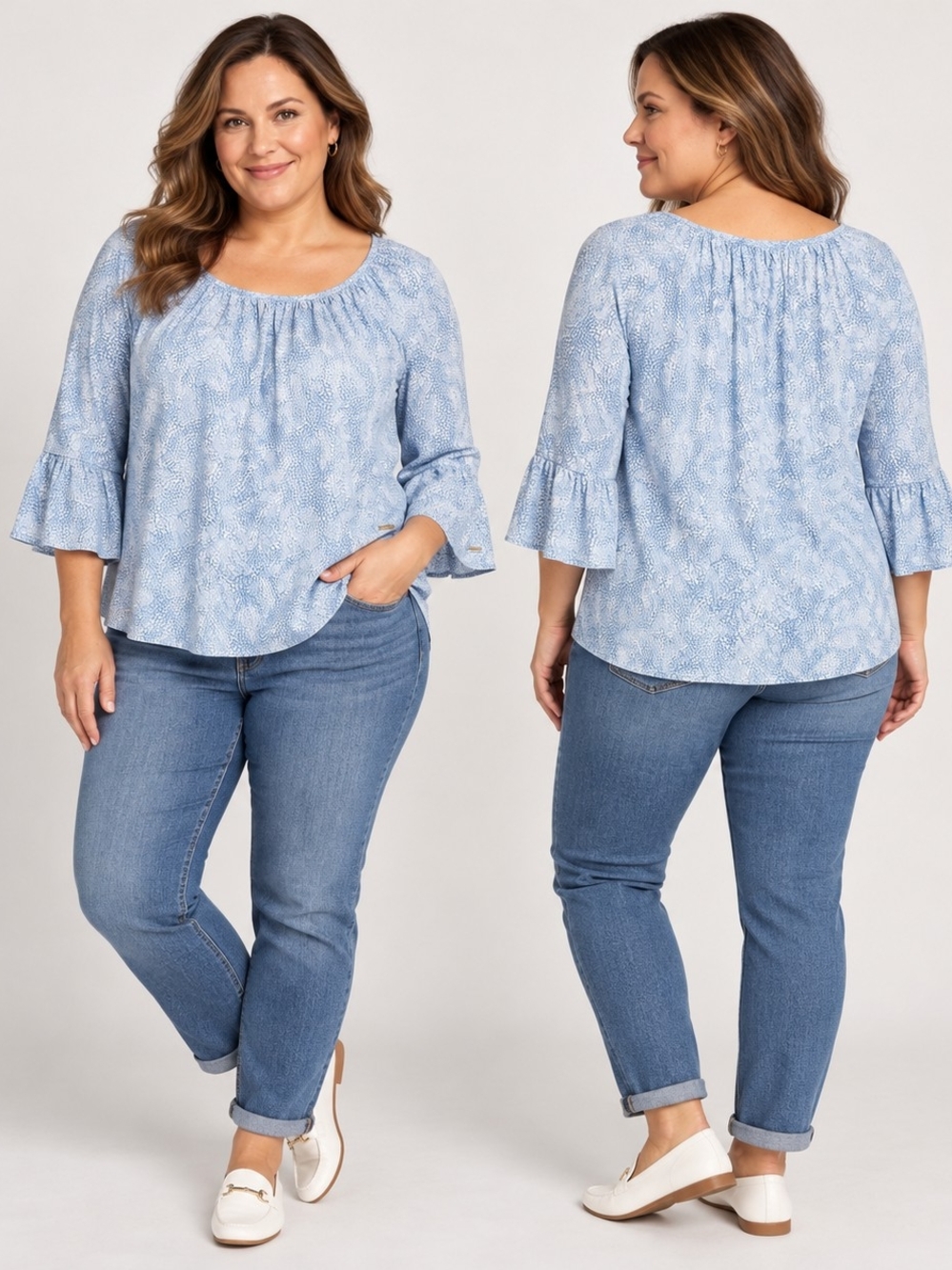 Michael Michael Kors Size L Blue Floral Bell Sleeve Top Contemporary Casual Coas
